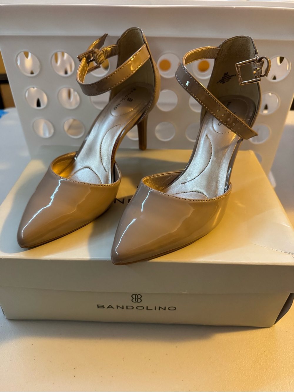 Bandolino Beige Patent Pointed Toe Ankle Strap Heels